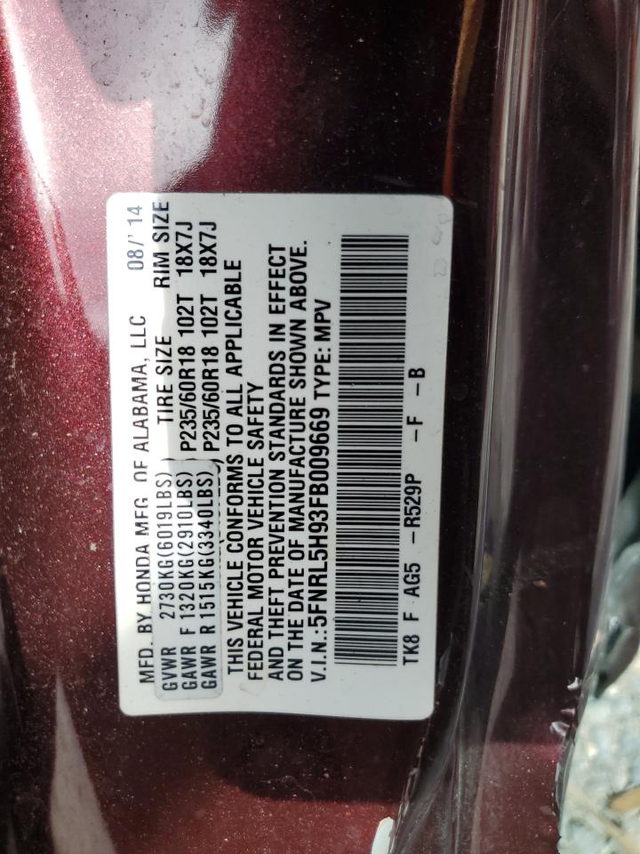 5FNRL5H93FB009669 2015 Honda Odyssey Touring