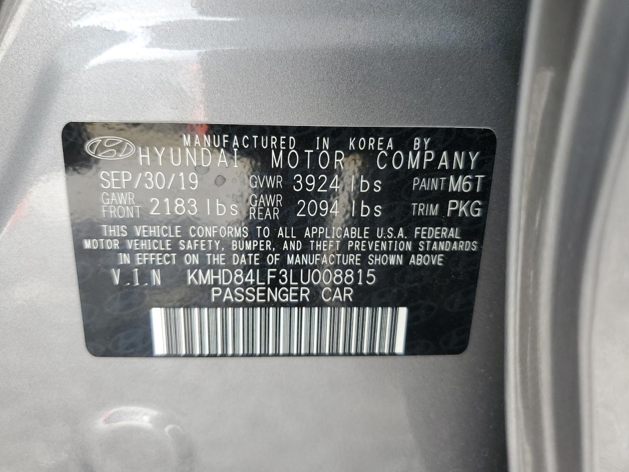 2020 Hyundai Elantra Sel VIN: KMHD84LF3LU008815 Lot: 72268814