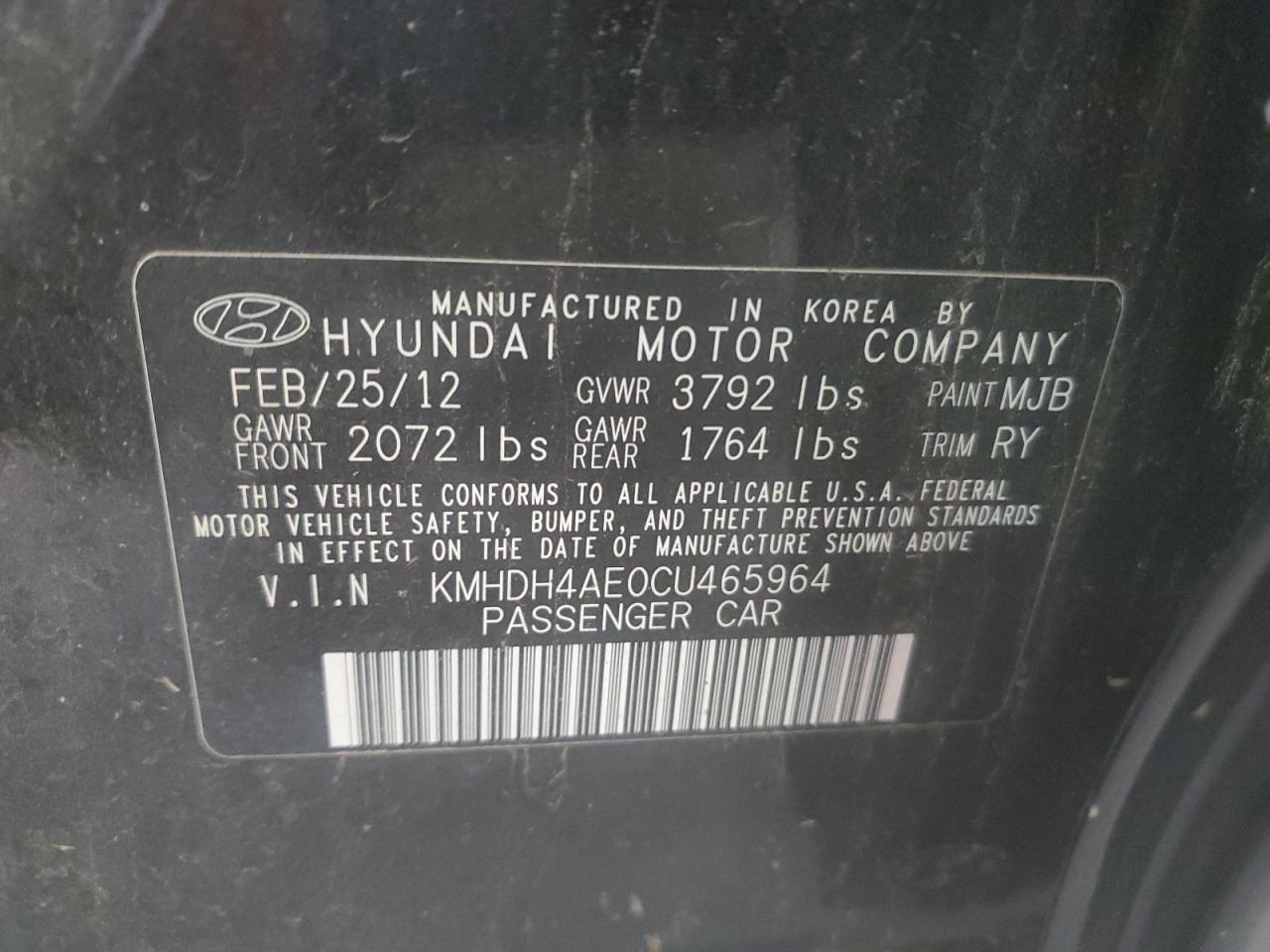 2012 Hyundai Elantra Gls VIN: KMHDH4AE0CU465964 Lot: 72960354