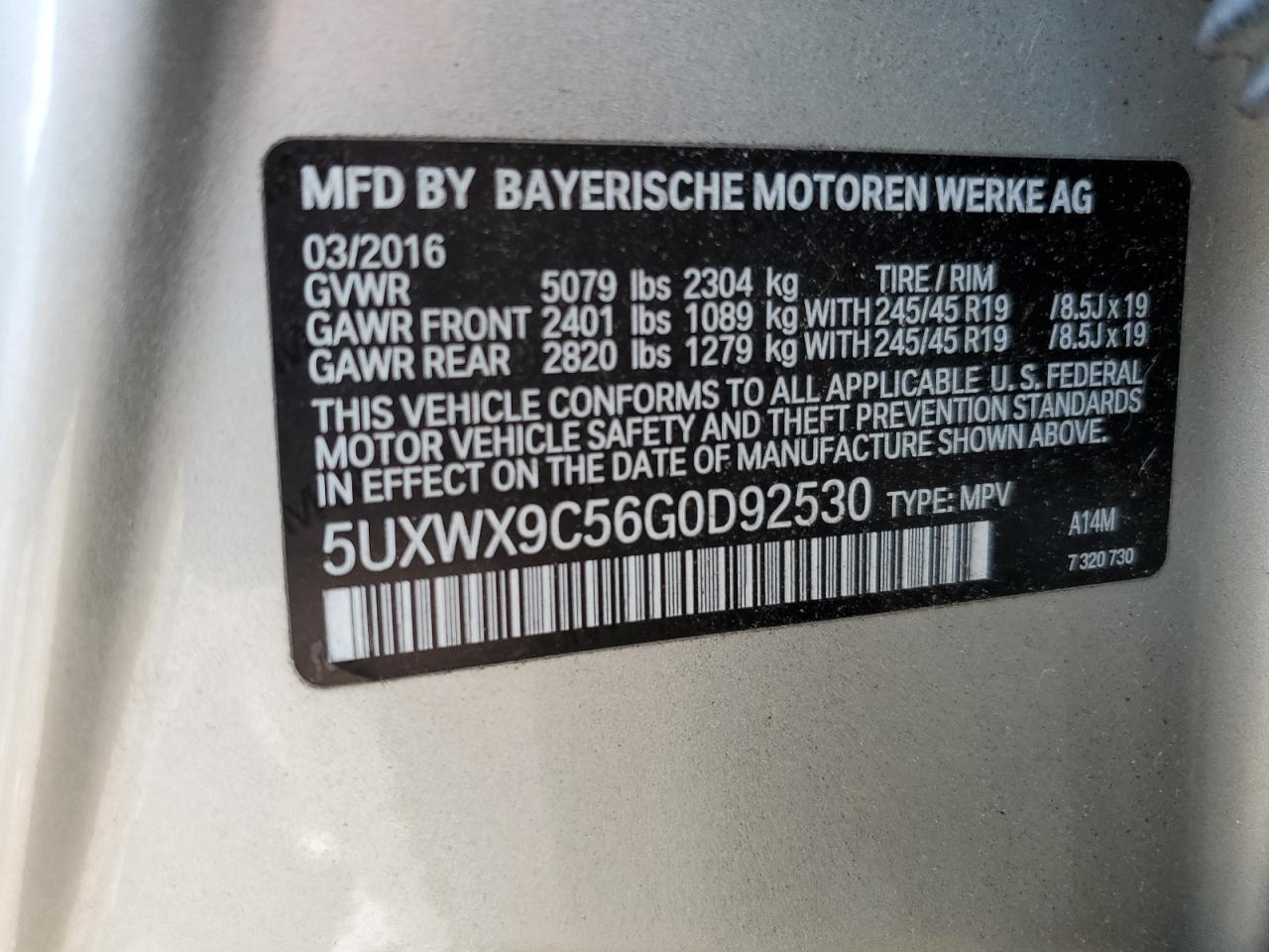 5UXWX9C56G0D92530 2016 BMW X3 xDrive28I