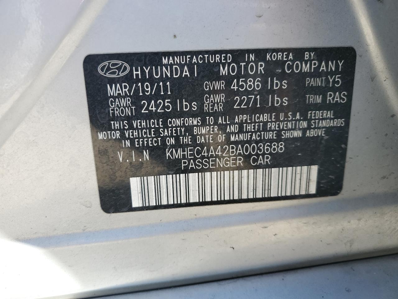 2011 Hyundai Sonata Hybrid VIN: KMHEC4A42BA003688 Lot: 72271504