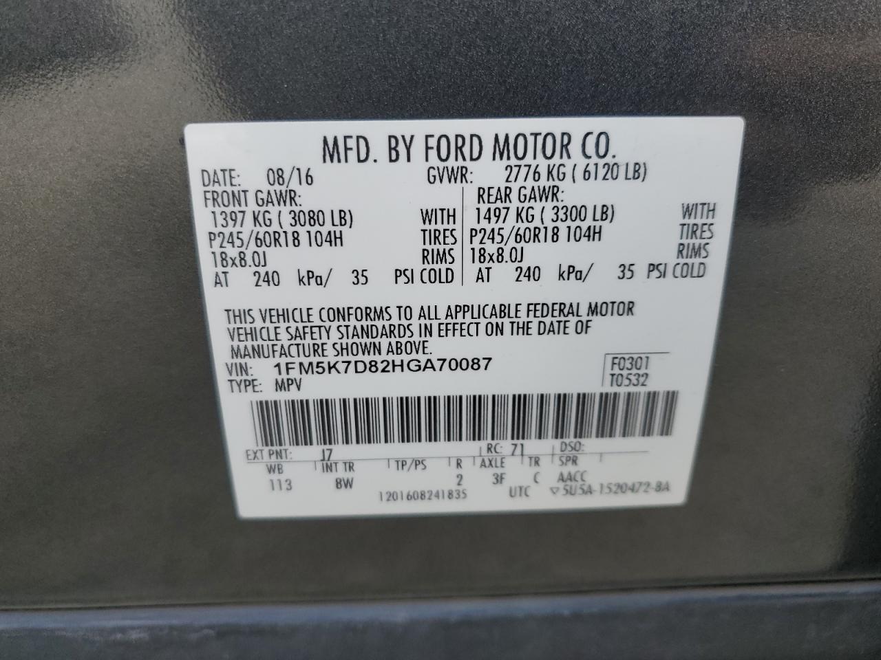 1FM5K7D82HGA70087 2017 Ford Explorer Xlt