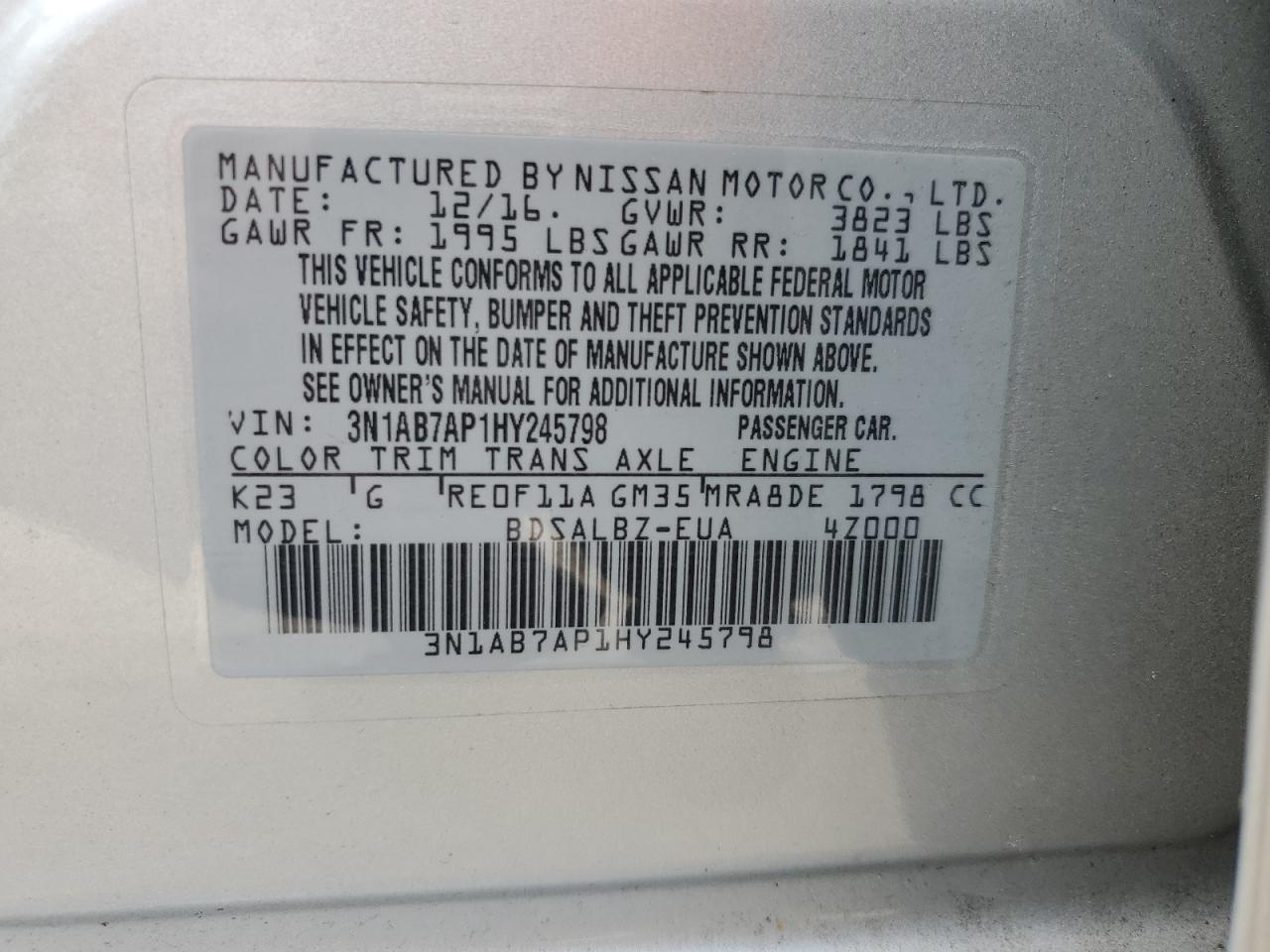 3N1AB7AP1HY245798 2017 Nissan Sentra S