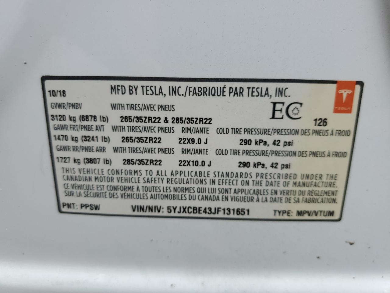 5YJXCBE43JF131651 2018 Tesla Model X