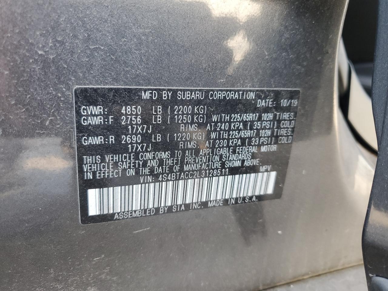 4S4BTACC2L3128511 2020 Subaru Outback Premium