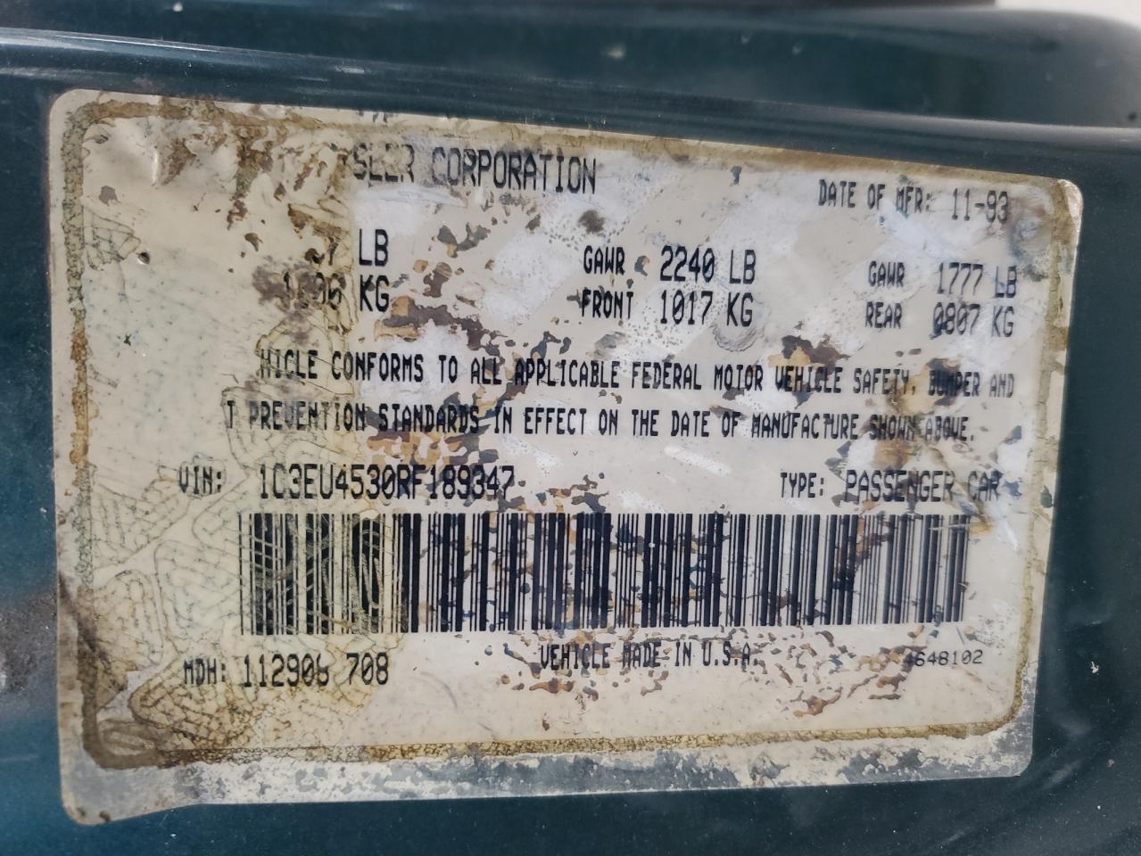 1994 Chrysler Lebaron Base VIN: 1C3EU4530RF189347 Lot: 72474654