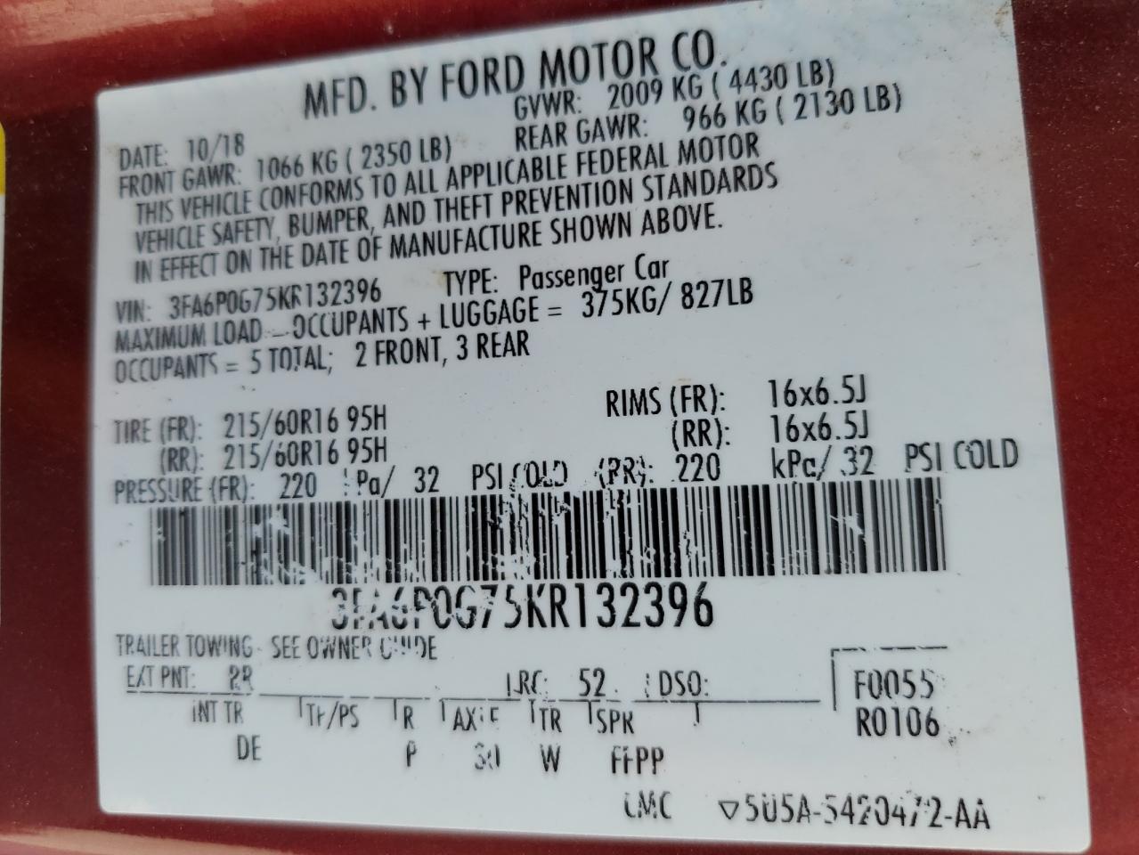 3FA6P0G75KR132396 2019 Ford Fusion S