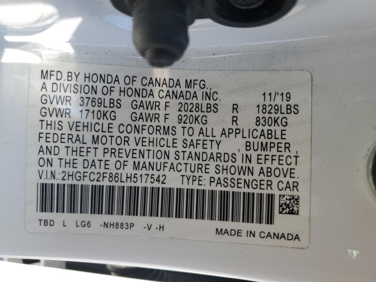 2HGFC2F86LH517542 2020 Honda Civic Sport