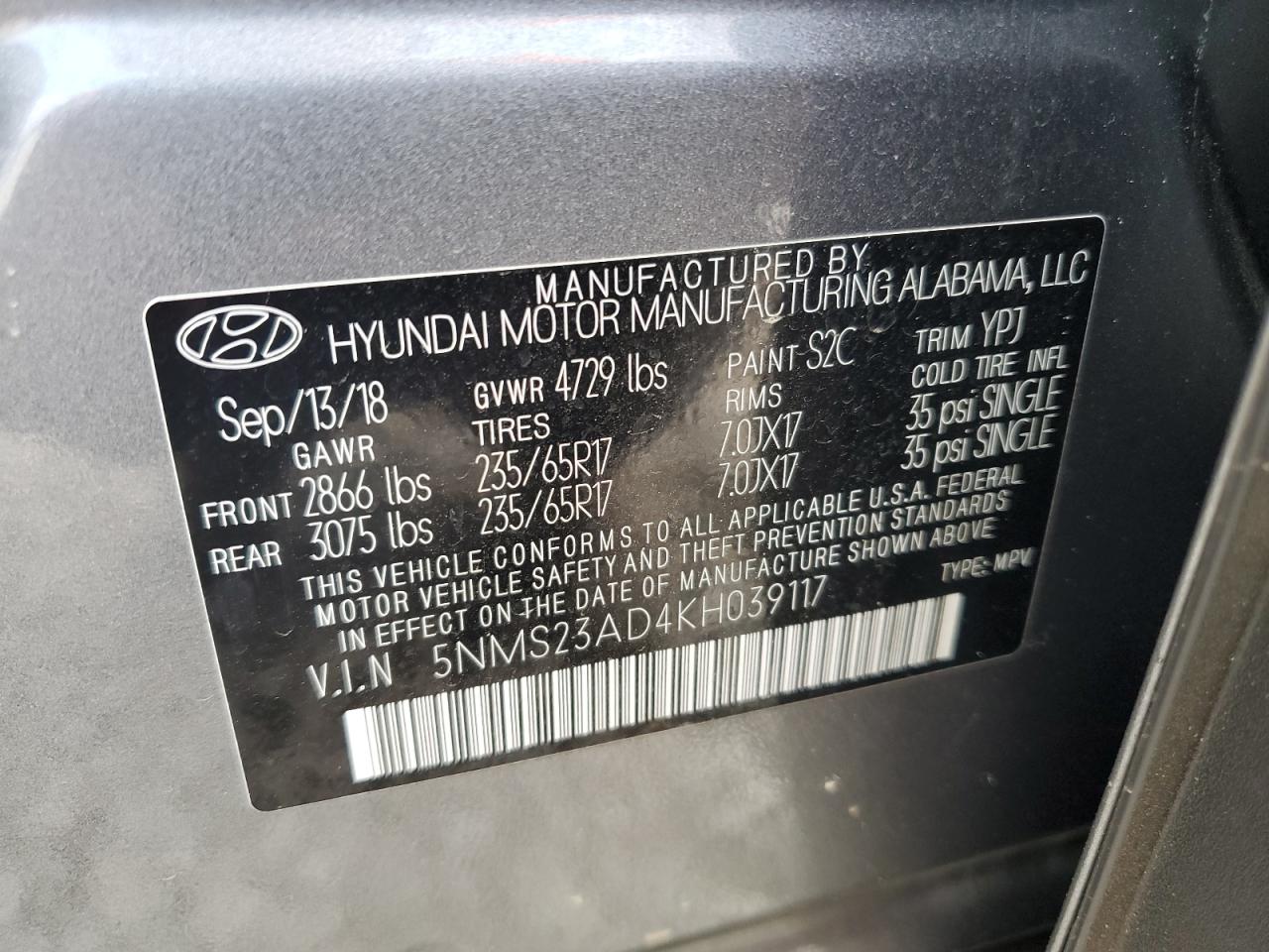 5NMS23AD4KH039117 2019 Hyundai Santa Fe Se