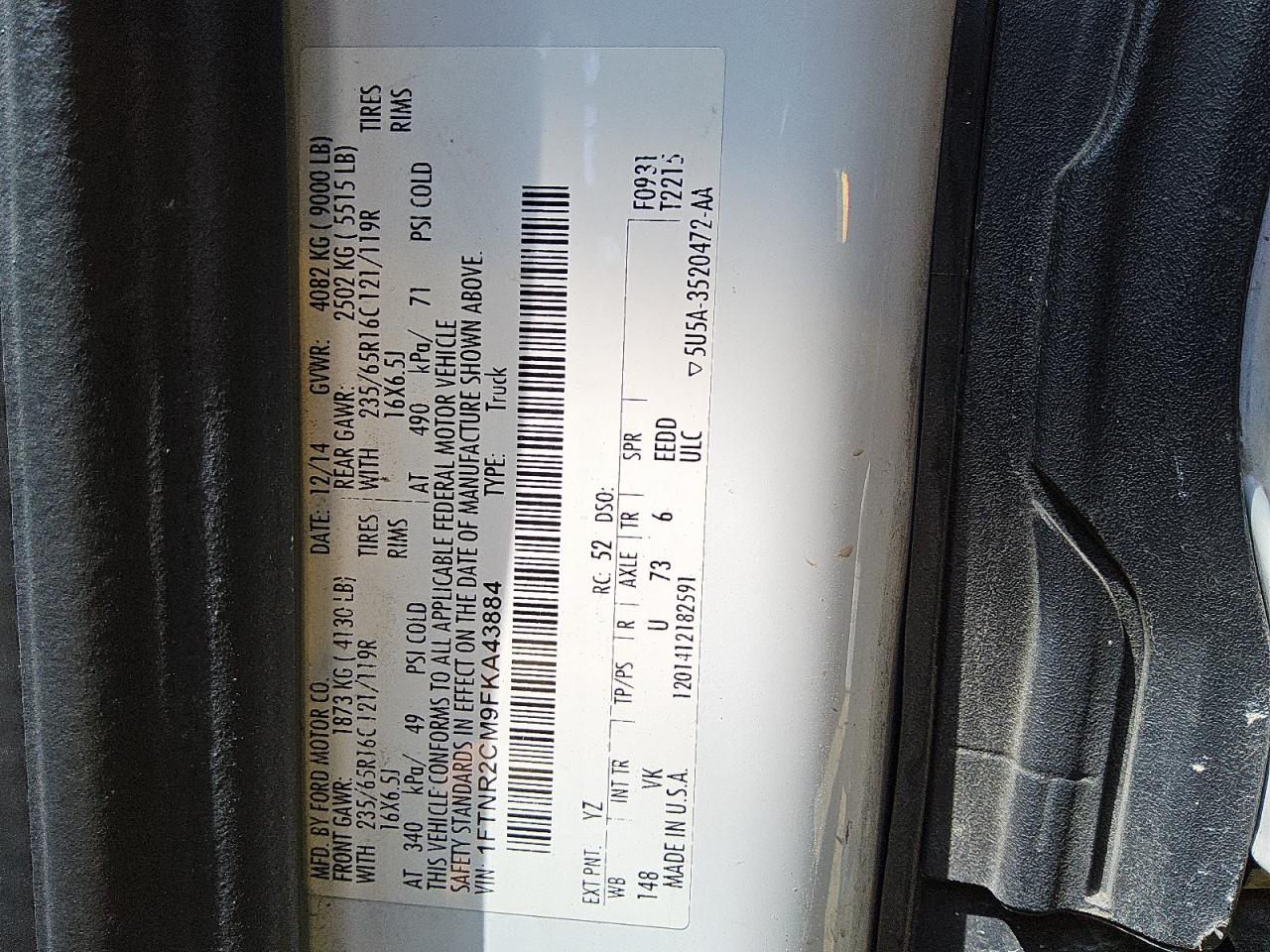 2015 Ford Transit T-250 VIN: 1FTNR2CM9FKA43884 Lot: 73465414