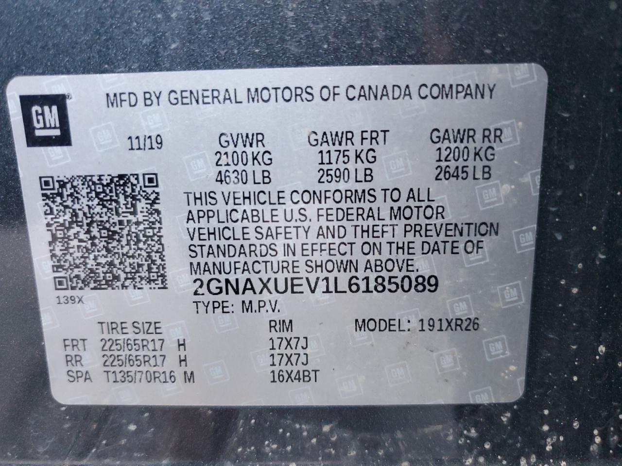 2020 Chevrolet Equinox Lt VIN: 2GNAXUEV1L6185089 Lot: 72450534