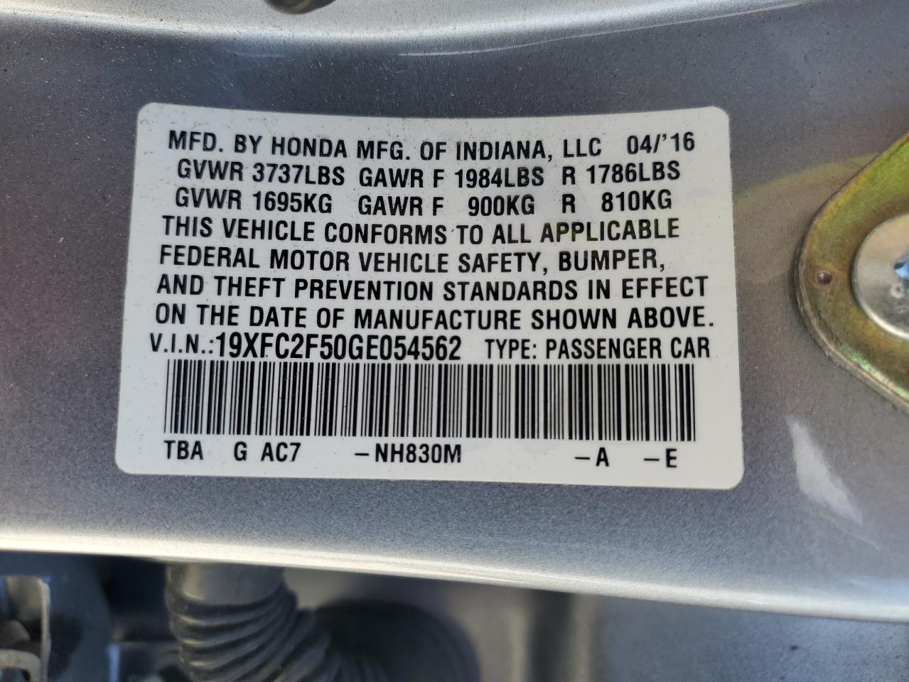 19XFC2F50GE054562 2016 Honda Civic Lx 19XFC2F50GE054562 2016 Honda Civic Lx