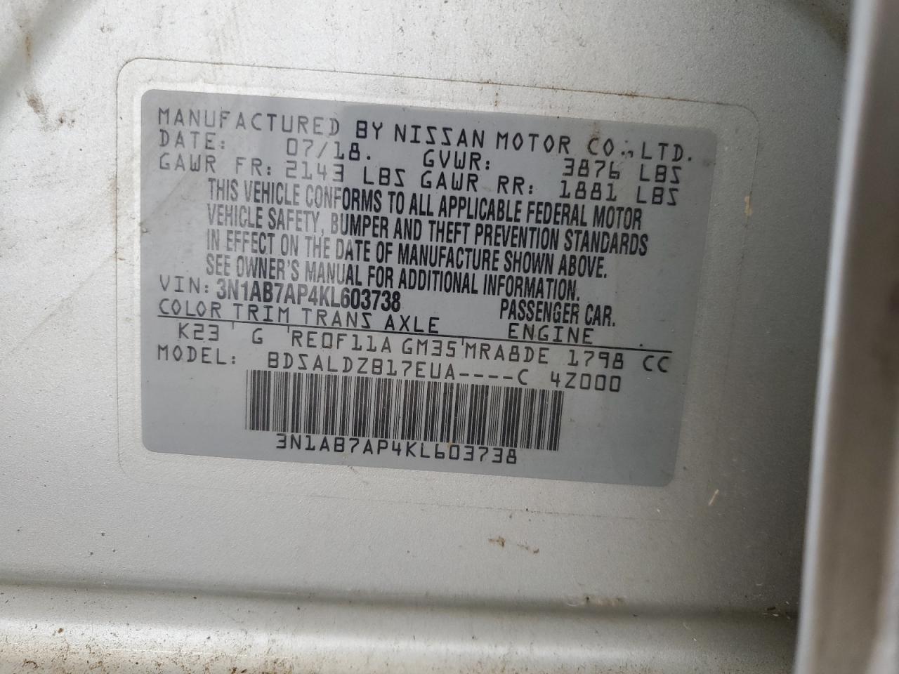 3N1AB7AP4KL603738 2019 Nissan Sentra S