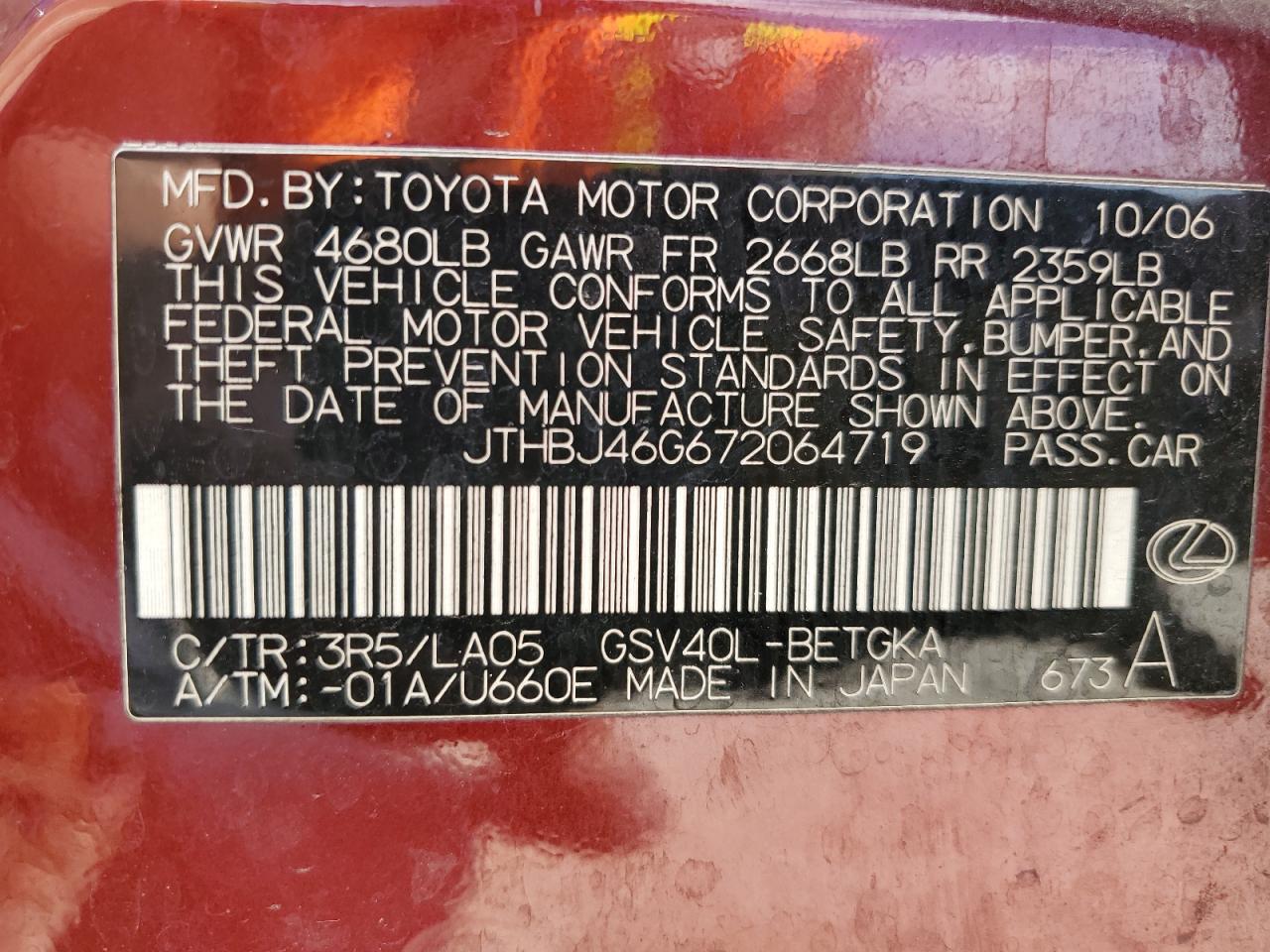 JTHBJ46G672064719 2007 Lexus Es 350