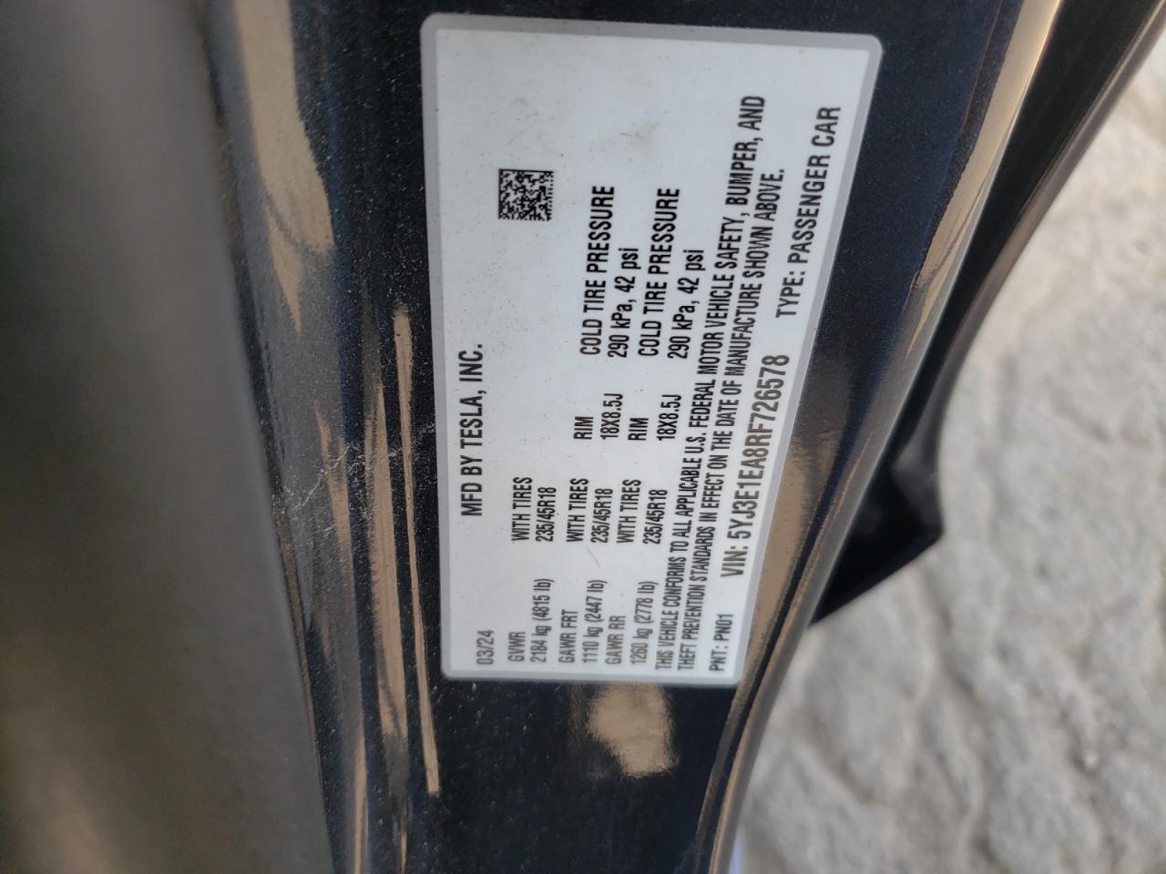 5YJ3E1EA8RF726578 2024 Tesla Model 3