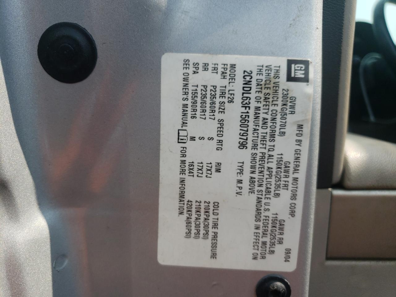 2CNDL63F156079796 2005 Chevrolet Equinox Lt