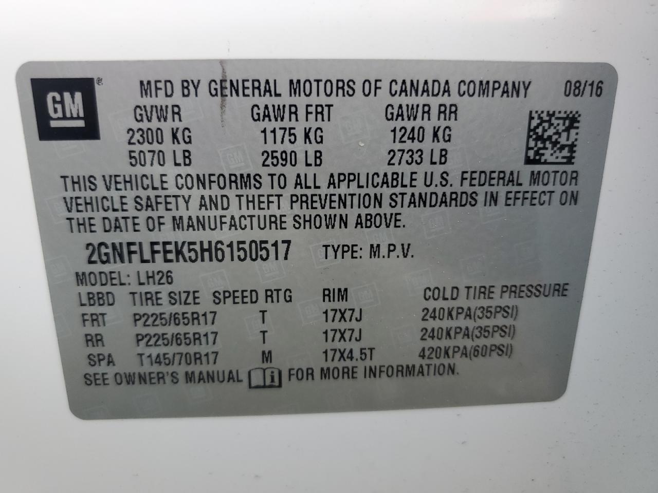 2GNFLFEK5H6150517 2017 Chevrolet Equinox Lt