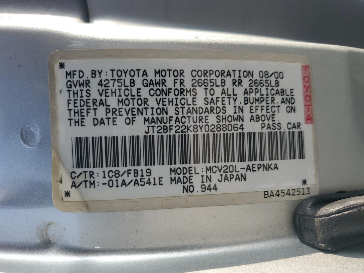 JT2BF22K8Y0288064 2000 Toyota Camry Ce