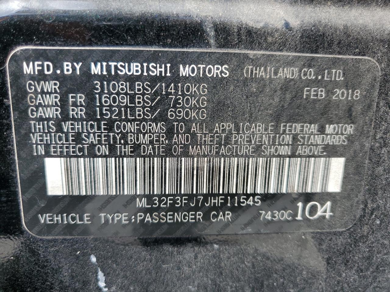 ML32F3FJ7JHF11545 2018 Mitsubishi Mirage G4 Es