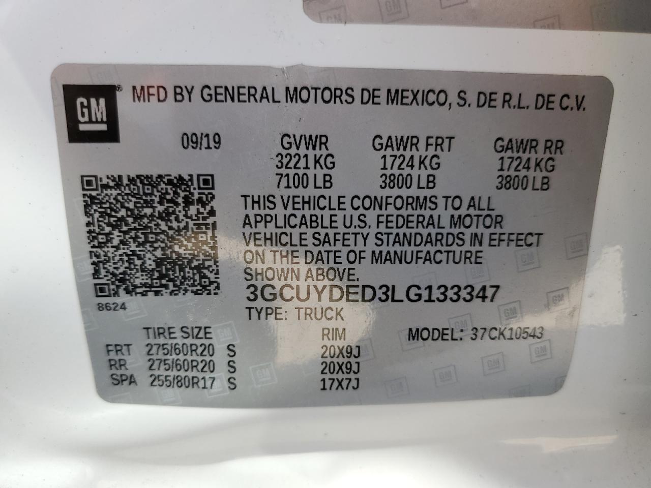 3GCUYDED3LG133347 2020 Chevrolet Silverado K1500 Lt