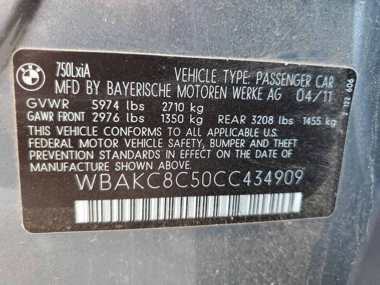 WBAKC8C50CC434909 2012 BMW 750 Lxi