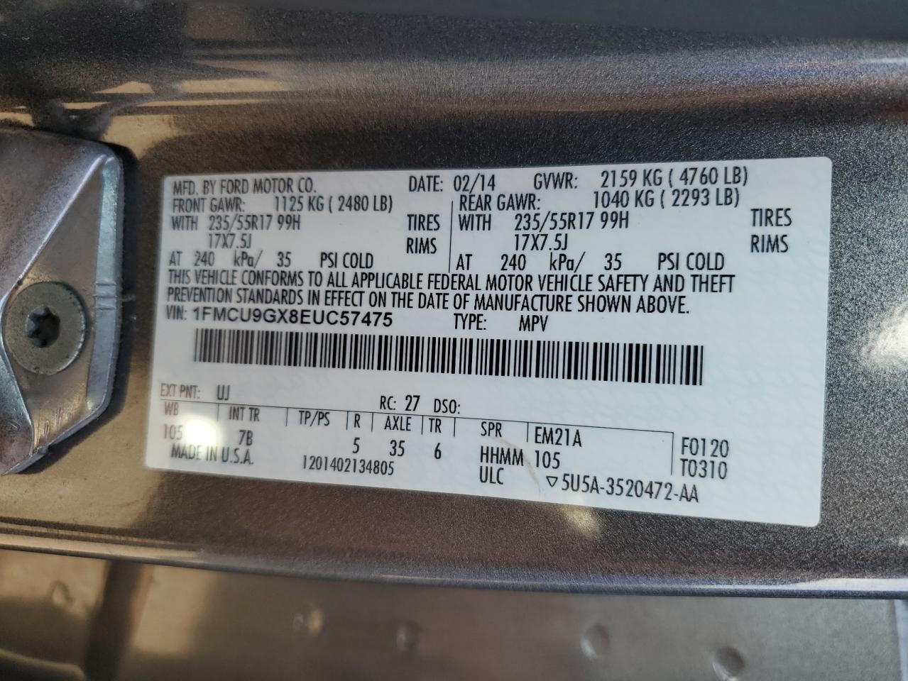 1FMCU9GX8EUC57475 2014 Ford Escape Se