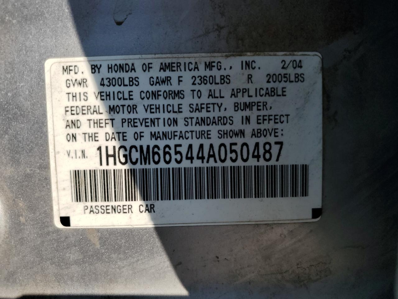 1HGCM66544A050487 2004 Honda Accord Ex