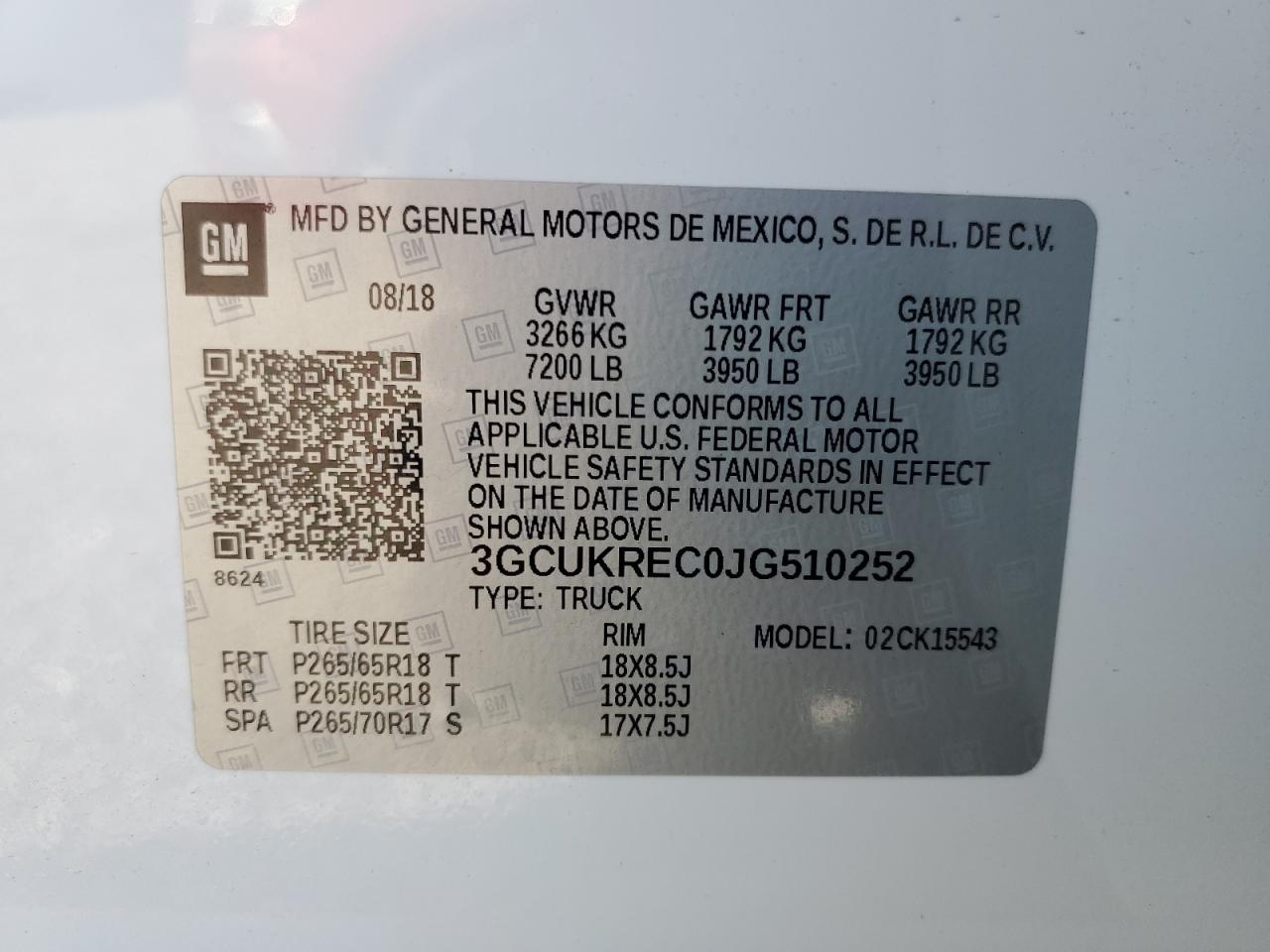 3GCUKREC0JG510252 2018 Chevrolet Silverado K1500 Lt