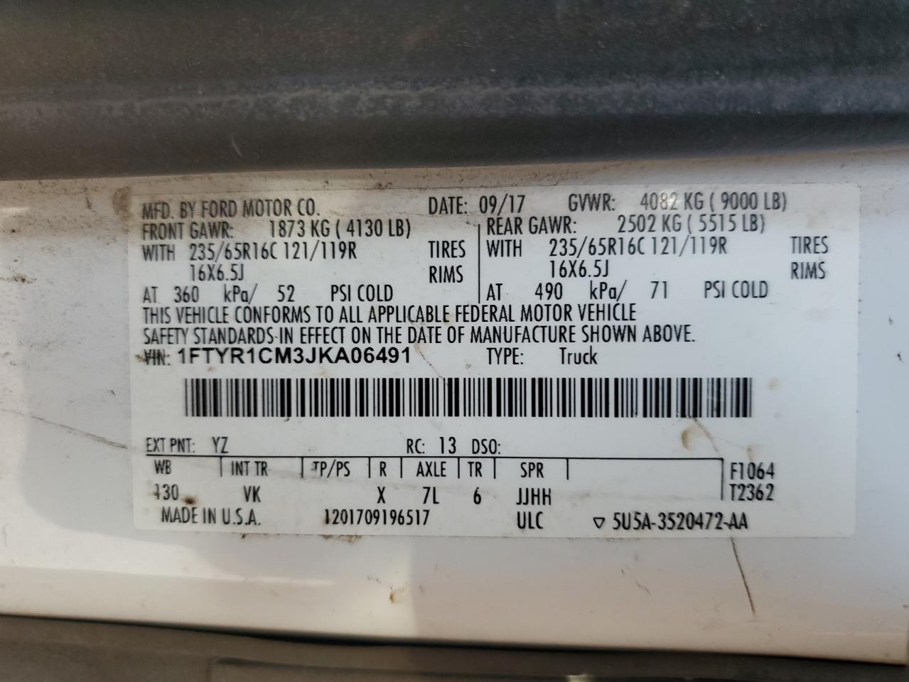 2018 Ford Transit T-250 VIN: 1FTYR1CM3JKA06491 Lot: 70991374