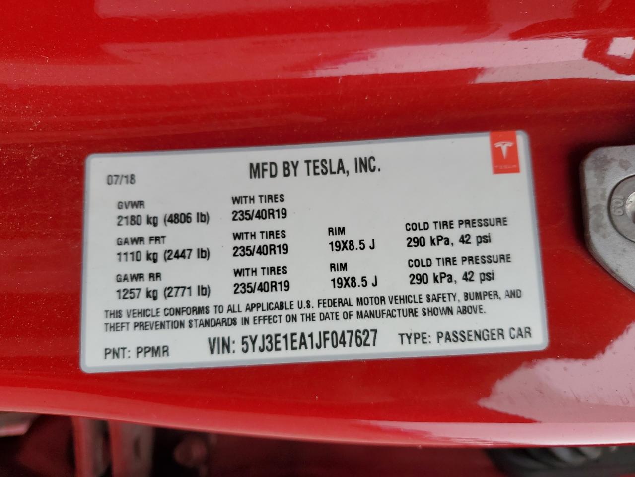 2018 Tesla Model 3 VIN: 5YJ3E1EA1JF047627 Lot: 72733944