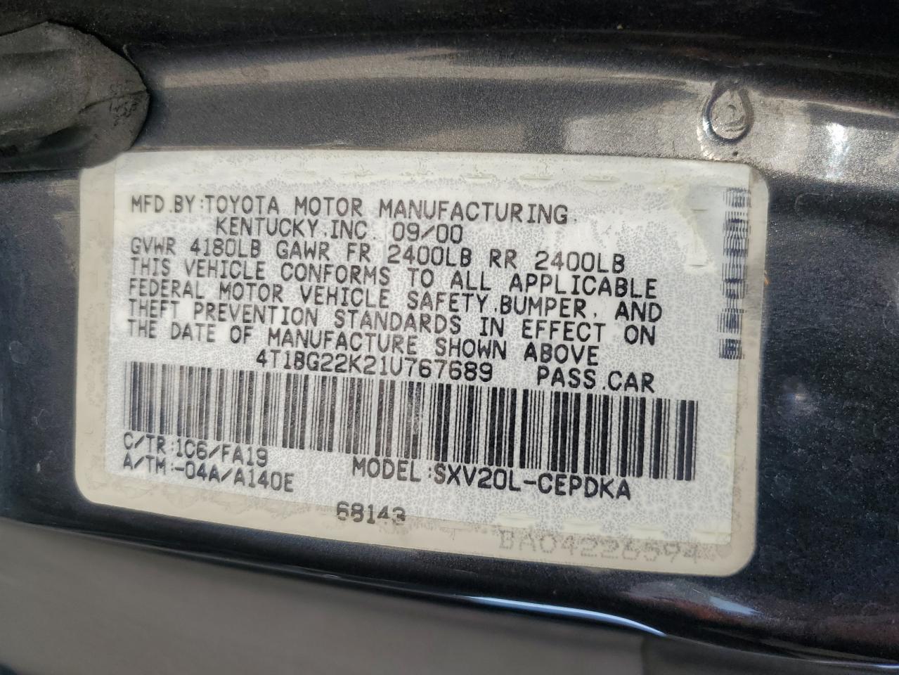 4T1BG22K21U767689 2001 Toyota Camry Ce