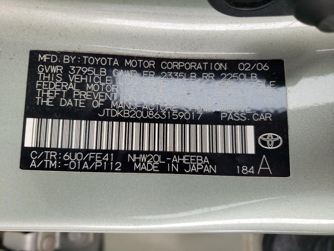 2006 Toyota Prius VIN: JTDKB20U863159017 Lot: 72011234