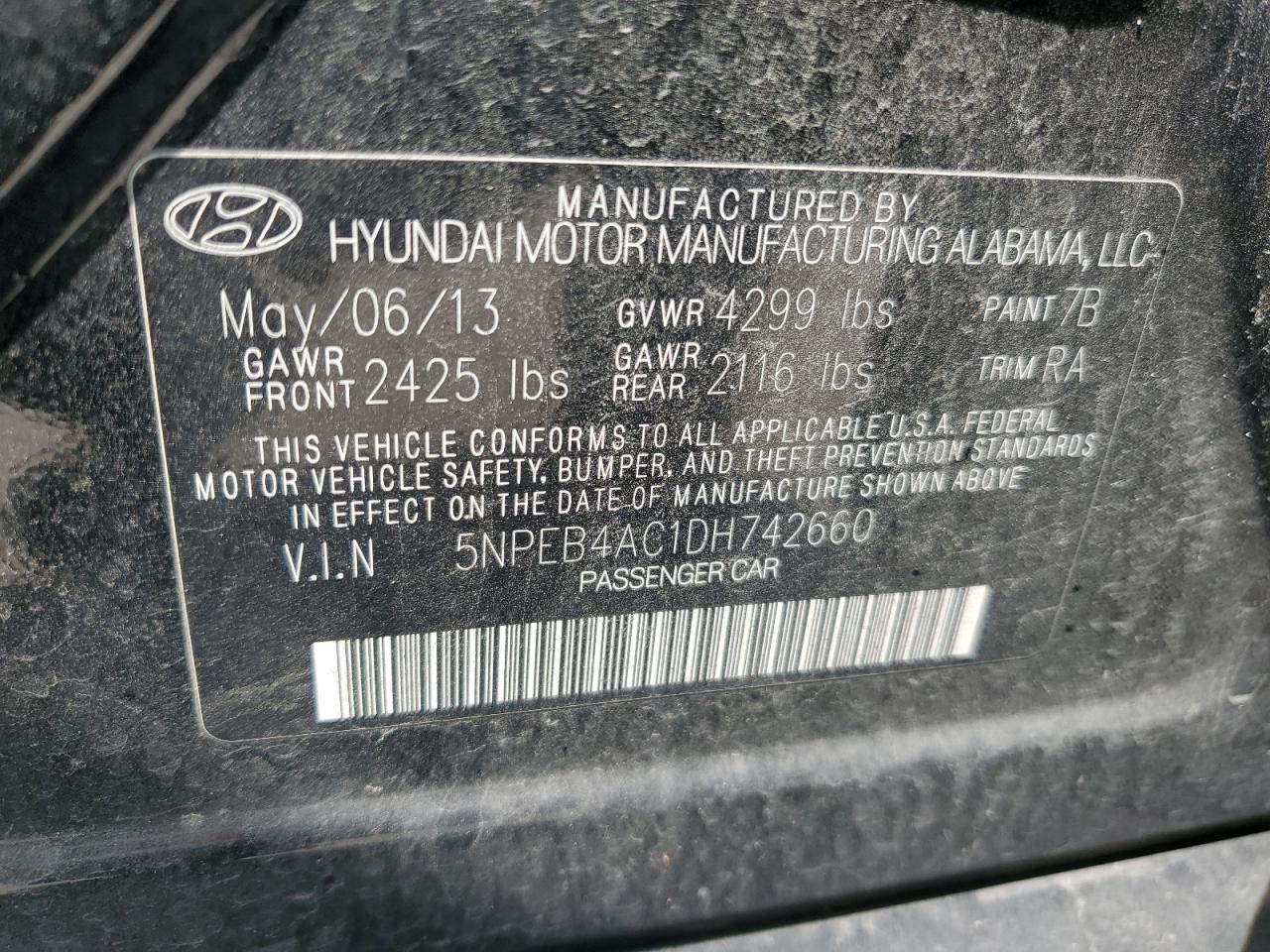 2013 Hyundai Sonata Gls VIN: 5NPEB4AC1DH742660 Lot: 69326104