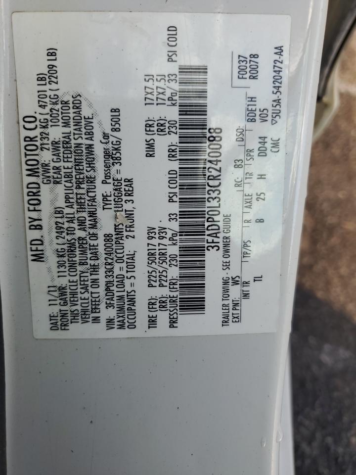 2012 Ford Fusion Hybrid VIN: 3FADP0L33CR240088 Lot: 72234174