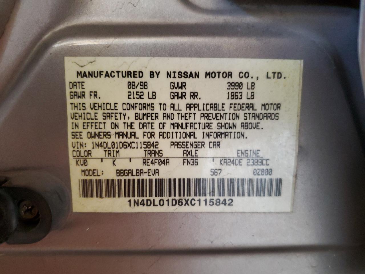 1N4DL01D6XC115842 1999 Nissan Altima Xe