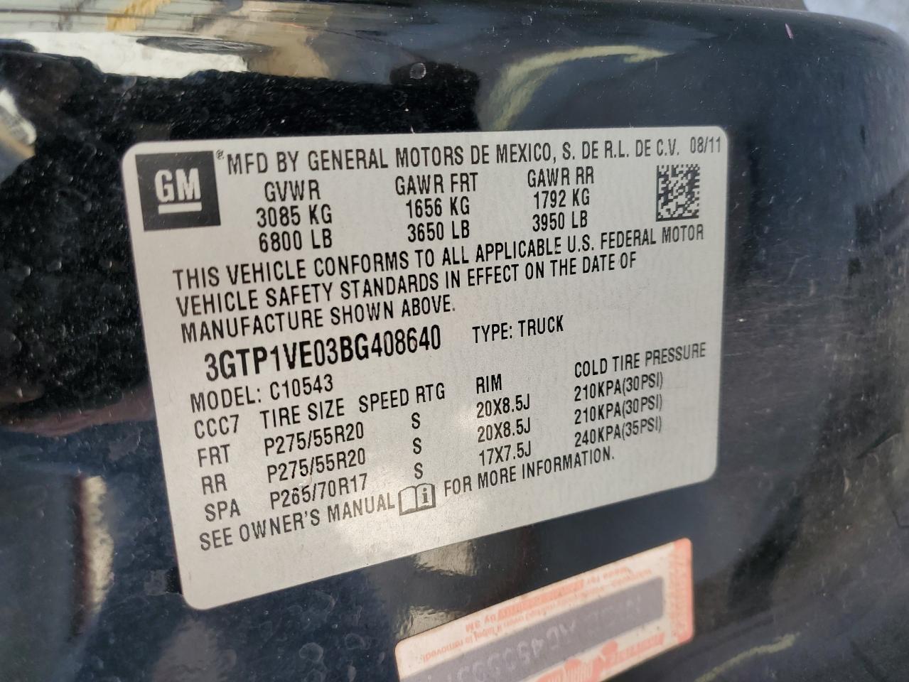 3GTP1VE03BG408640 2011 GMC Sierra C1500 Sle