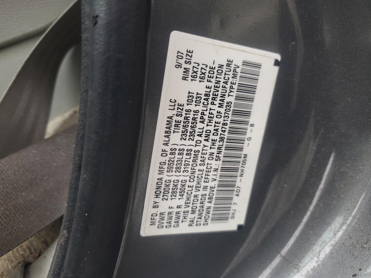 5FNRL38747B137035 2007 Honda Odyssey Exl