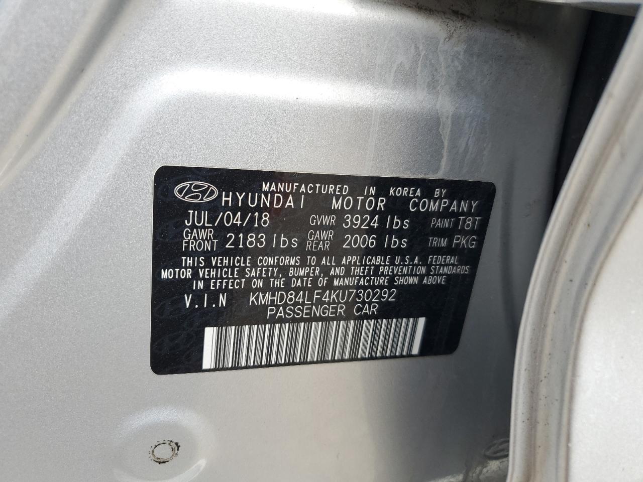 KMHD84LF4KU730292 2019 Hyundai Elantra Sel