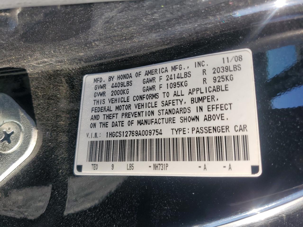 1HGCS12769A009754 2009 Honda Accord Ex