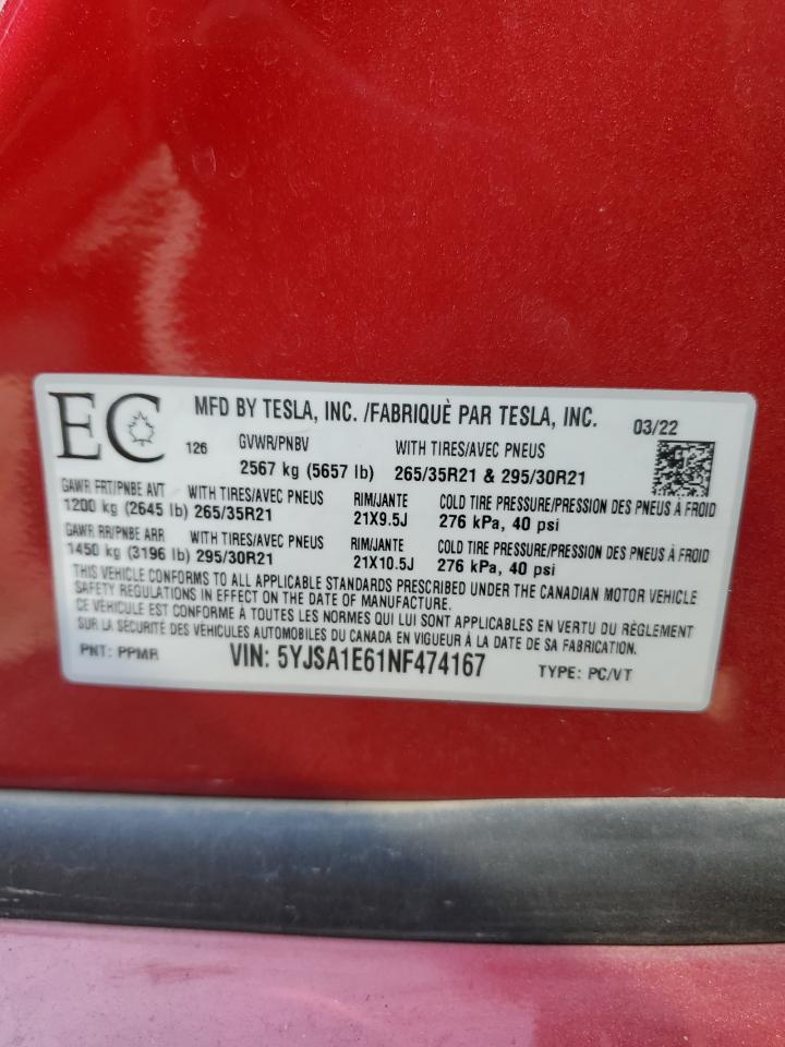 5YJSA1E61NF474167 2022 Tesla Model S