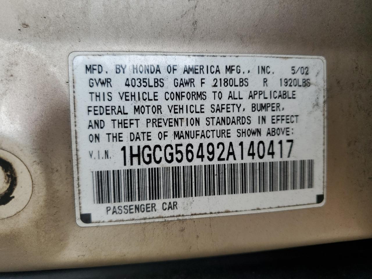 1HGCG56492A140417 2002 Honda Accord Lx