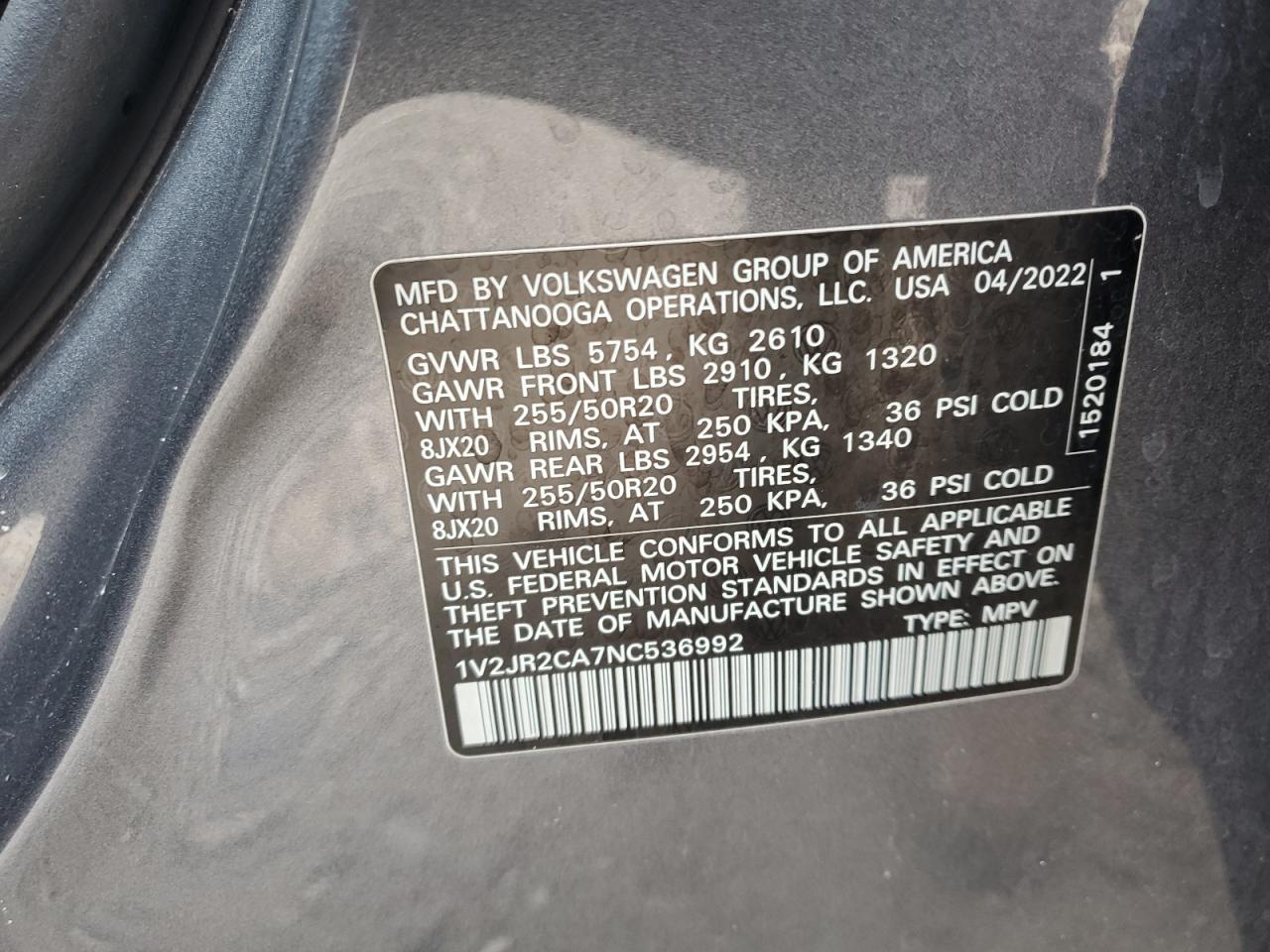 1V2JR2CA7NC536992 2022 Volkswagen Atlas Se