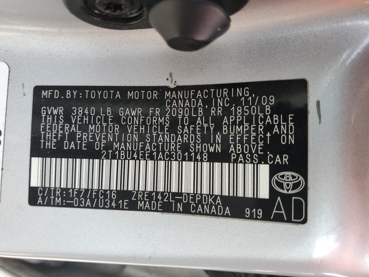 2010 Toyota Corolla Base VIN: 2T1BU4EE1AC301148 Lot: 71363494