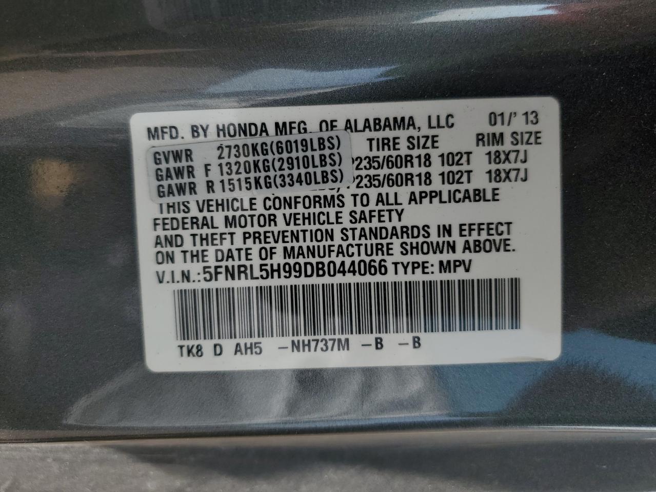 5FNRL5H99DB044066 2013 Honda Odyssey Touring