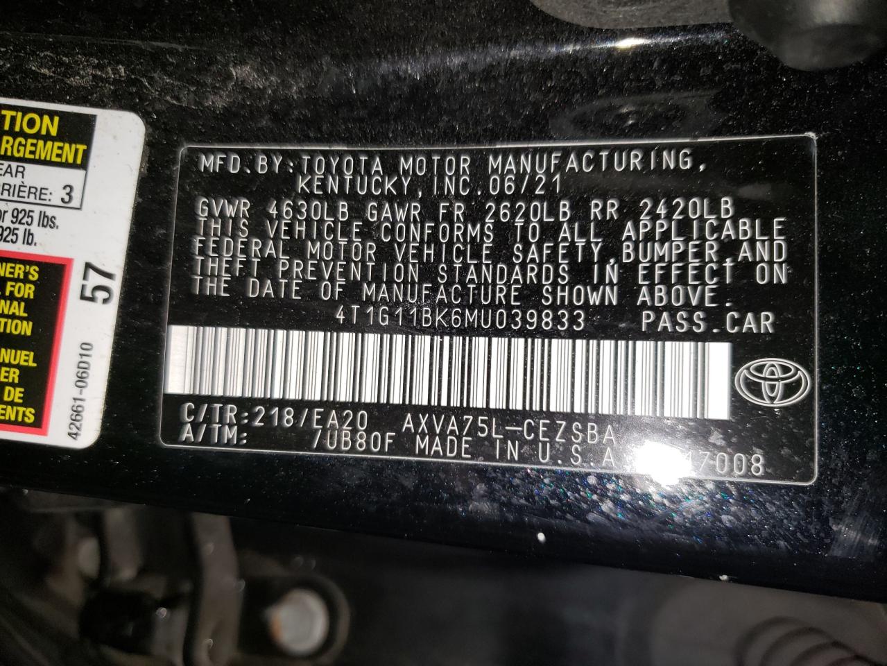 4T1G11BK6MU039833 2021 Toyota Camry Se