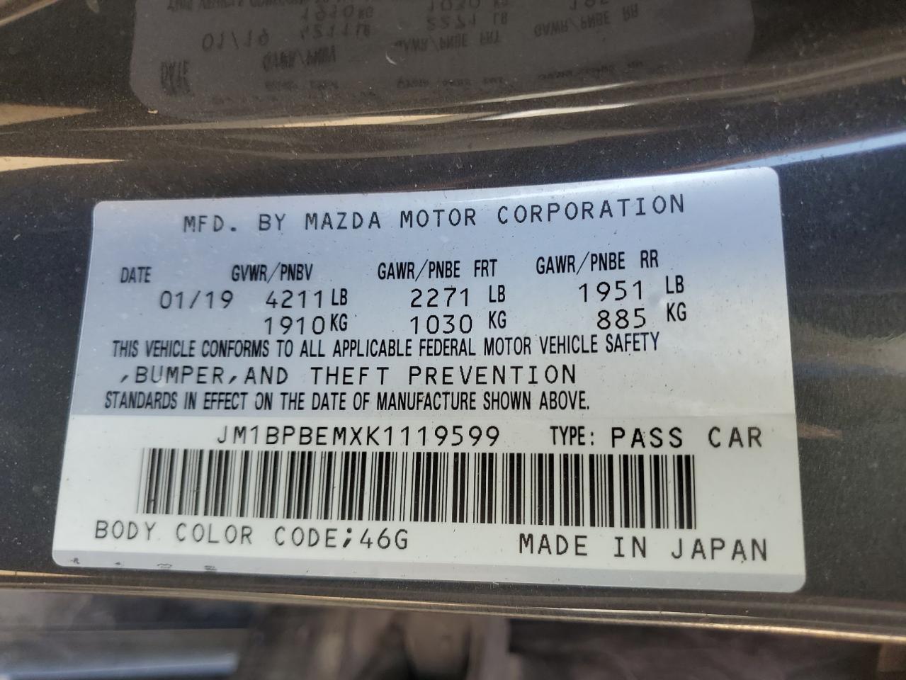 JM1BPBEMXK1119599 2019 Mazda 3 Premium