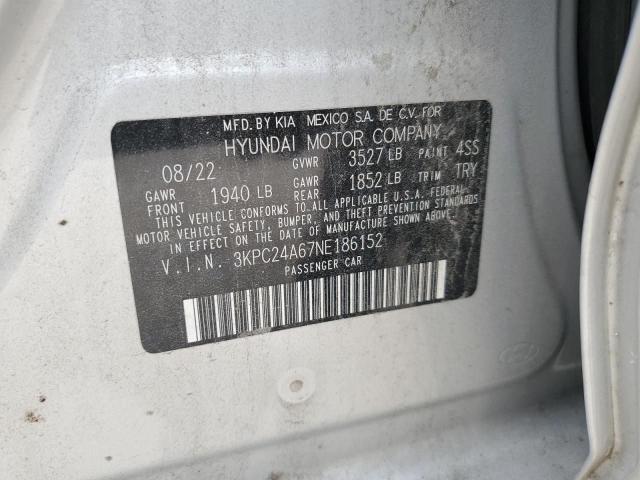 3KPC24A67NE186152 2022 Hyundai Accent Se