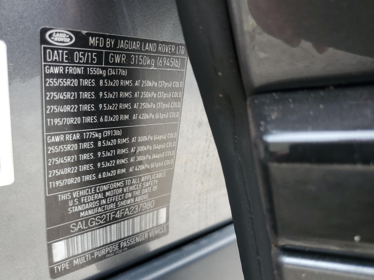 2015 Land Rover Range Rover Supercharged VIN: SALGS2TF4FA237980 Lot: 73469594