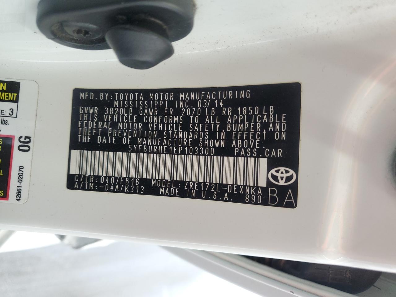 5YFBURHE1EP103300 2014 Toyota Corolla L