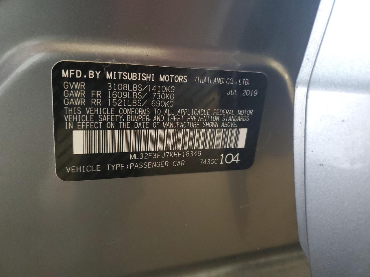 2019 Mitsubishi Mirage G4 Es VIN: ML32F3FJ7KHF18349 Lot: 72497694